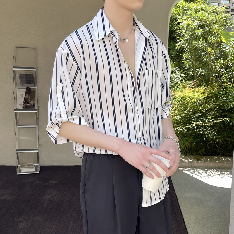 夏季条纹短袖衬衫男冰丝垂感轻熟风衬衣抖音A202CS918P55,男装T恤,星座1311（原A202）