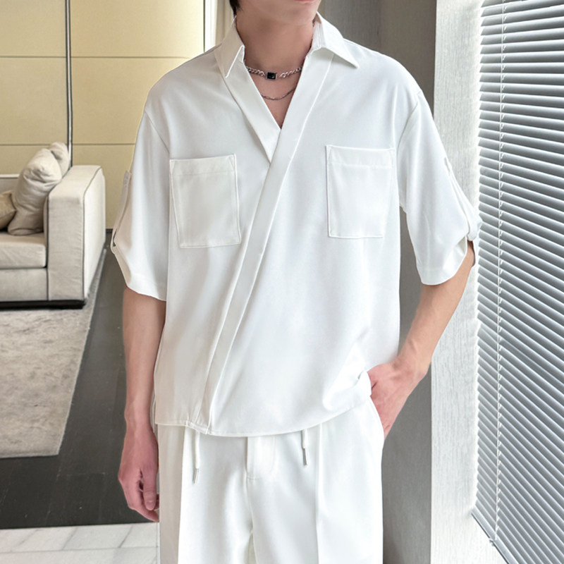 2025夏新中式V领禁欲系冰丝衬衫男痞帅短袖宽松衬衣 A202CS128P55图片