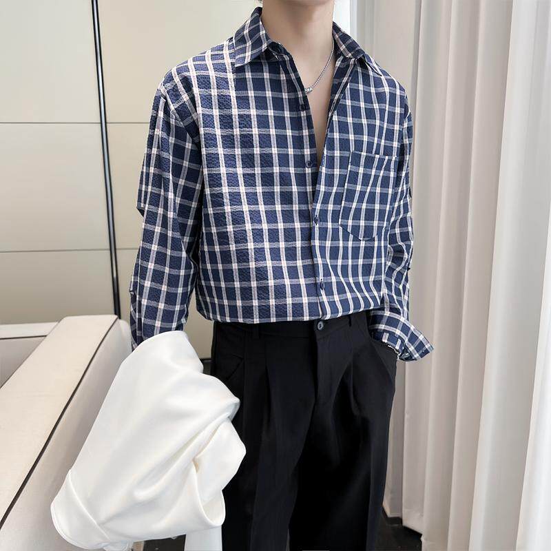 2025秋冬新款蓝色格子男长袖衬衫英伦宽松落肩上衣A202CS2011P65,男装衬衫,星座1311（原A202）