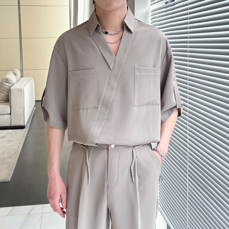 2025夏新中式V领禁欲系冰丝衬衫男痞帅短袖宽松衬衣A202CS128P55,男装衬衫,星座1311（原A202）
