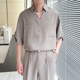 2025夏新中式V领禁欲系冰丝衬衫男痞帅短袖宽松衬衣A202CS128P55，男装衬衫，星座1311（原A202）