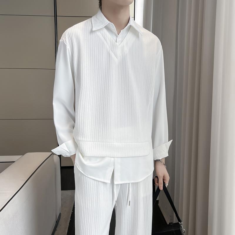 2025秋冬新款拼接假两件套头长袖衬衫落肩宽松男衬衣A202CS953P65,男装衬衫,星座1311（原A202）