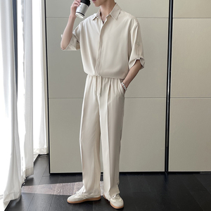 2025夏冰丝高级感短袖衬衫宽松小直筒休闲裤套装A202TZ719P125图片
