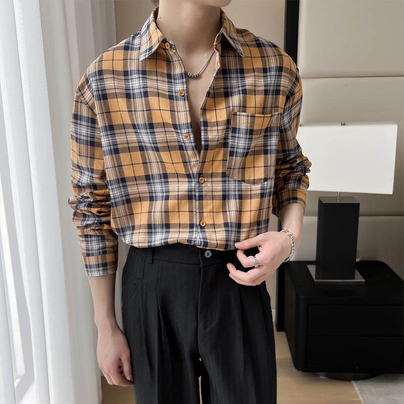 2025秋冬新款黄色格子男长袖衬衫英伦宽松落肩上衣A202CS2022P65，男装衬衫，星座1311（原A202）