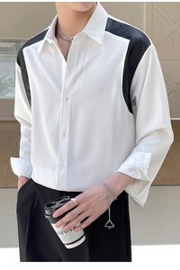 2025春夏男士英伦简约宽松拼皮宽松落肩长袖衬衫A202CS520图片