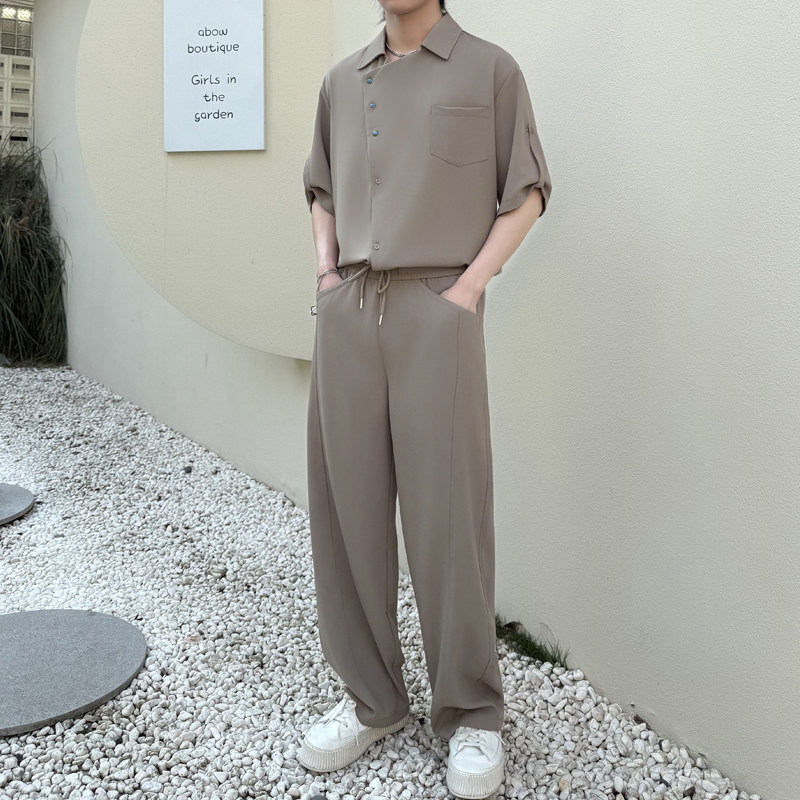 2026夏男冰丝白色短袖衬衫长裤套装宽松休闲两件套1311TZ3918P125,男装T恤,星座1311（原A202）