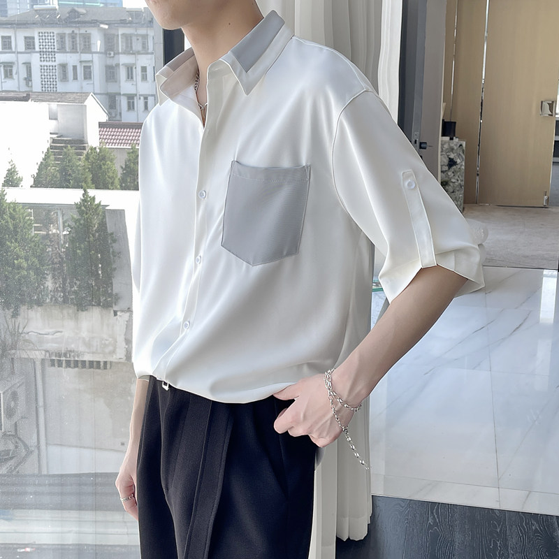 夏季新款拼接撞色男士短袖宽松衬衫潮垂坠感衬衣A202CS028P55，男装T恤，星座1311（原A202）