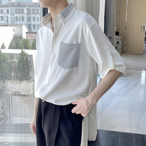 夏季新款拼接撞色男士短袖宽松衬衫潮垂坠感衬衣A202CS028P55，男装T恤，星座1311（原A202）