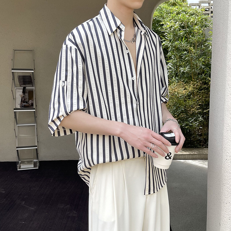 2025夏季新款男条纹短袖衬衫痞帅落肩轻熟风抖音A202CS309P60图片