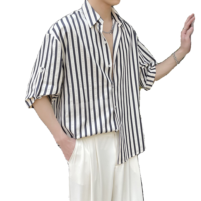 2025夏季男条纹飘带短袖衬衫痞帅落肩轻熟风抖音A202CS309P60,男装T恤,星座1311（原A202）