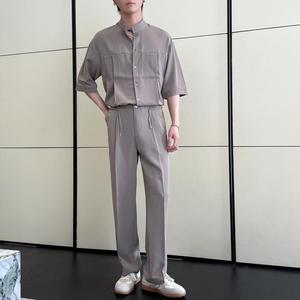 新款男冰丝时尚短袖衬衫套装宽松直筒休闲裤两件套A202TZ1319P120图片