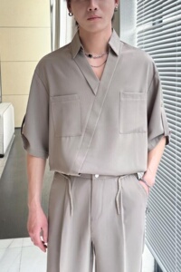 2025夏新中式V领禁欲系冰丝衬衫男痞帅短袖宽松衬衣 A202CS128P55图片