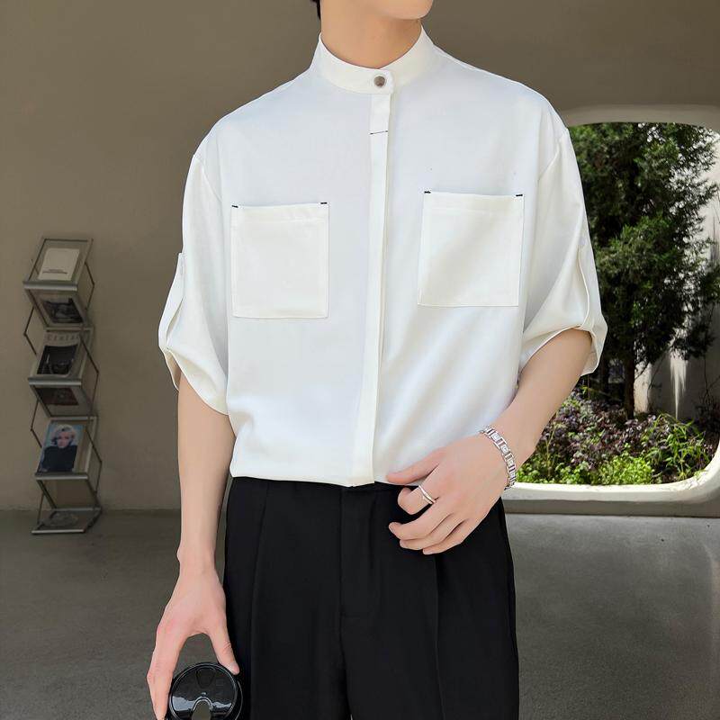 新中式风立领短袖衬衫冰丝暗扣高级感垂感男士衬衣A202CS318P55,男装衬衫,星座1311（原A202）