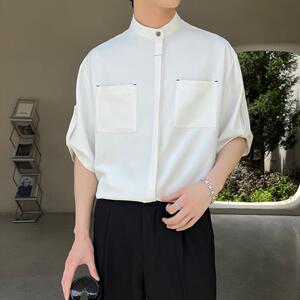 新中式男士风立领短袖衬衫冰丝暗扣高级感垂感衬衣A202CS318P55