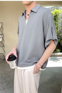 冰丝轻奢垂坠感宽松套头假两件短袖衬衫抖音A202CS013P55控78图片