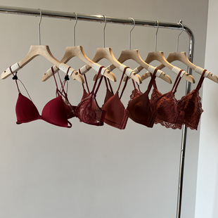 红色内衣女本命年文胸套装 无钢圈美背舒适结婚新年蕾丝内衣酒红色