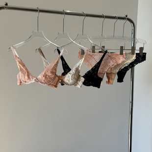 夏季 聚拢带钢圈无胸垫文胸套装 性感法式 深v性感蕾丝内衣女超薄款