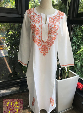 印度进口女士上衣连衣裙长衫少数民族服装白色全棉绣花kurta飘逸