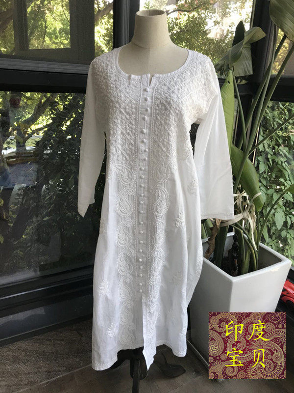 G印度彩色全棉kurta白色瑜伽打坐冥想太极女士上衣服装长衫前开叉