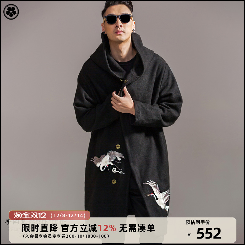 刺绣呢子大衣嘻哈仙鹤冬季风衣