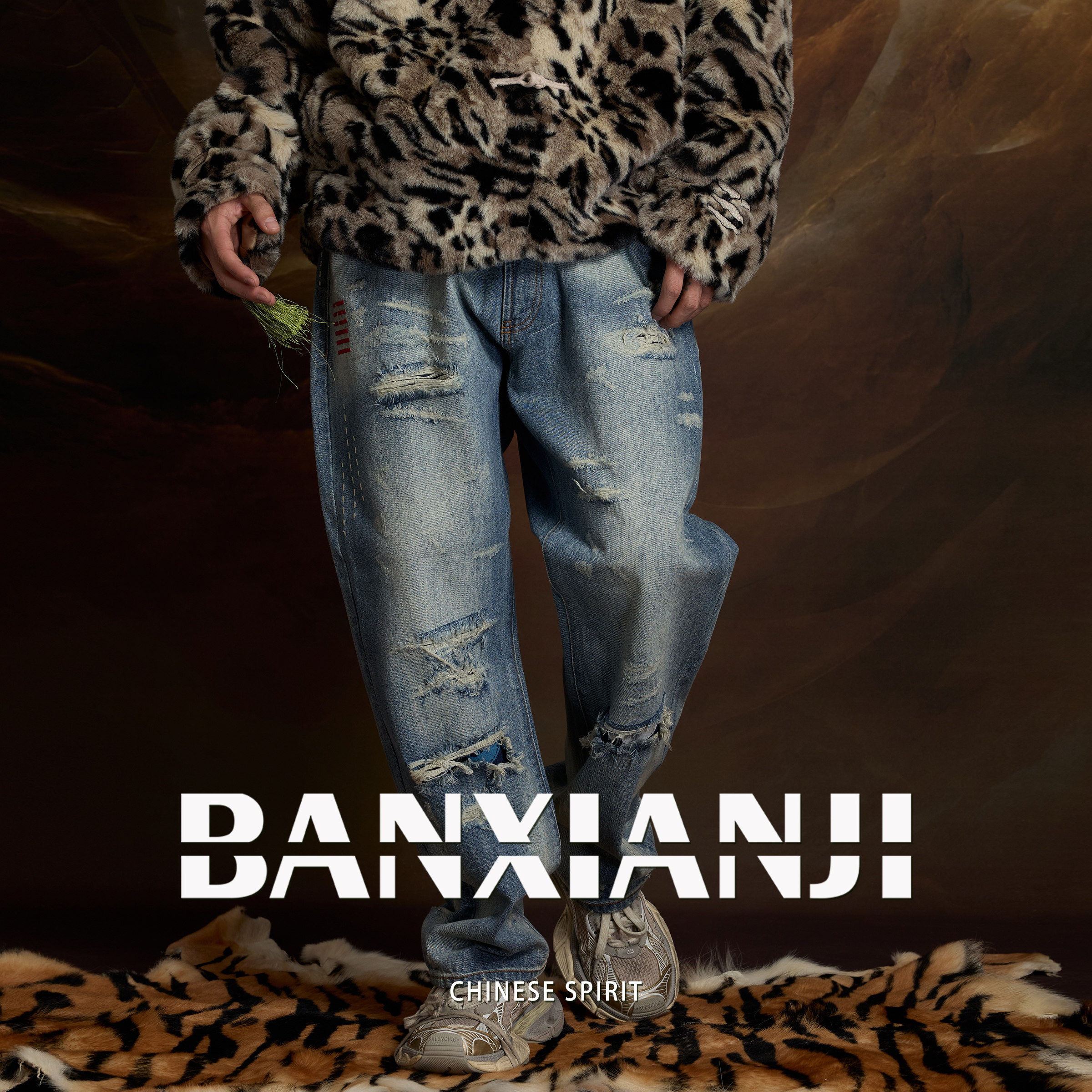 半闲集＜四灵＞重工水洗破洞直筒牛仔裤男款春秋裤子复古高街长裤