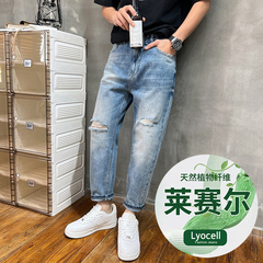 夏季刺绣牛仔裤男款百搭破洞直筒男士简约高端宽松休闲九分裤子
