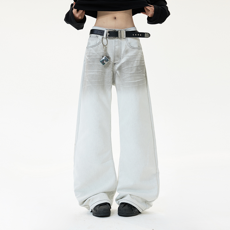 美式复古水洗白色直筒牛仔裤男款