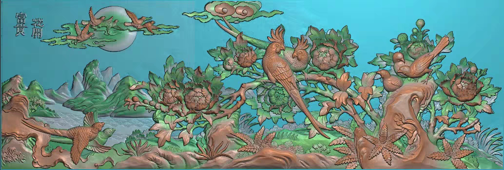 精雕图 花开富贵好p 鹦鹉花鸟牡丹东阳木雕工艺品挂件挂屏屏风