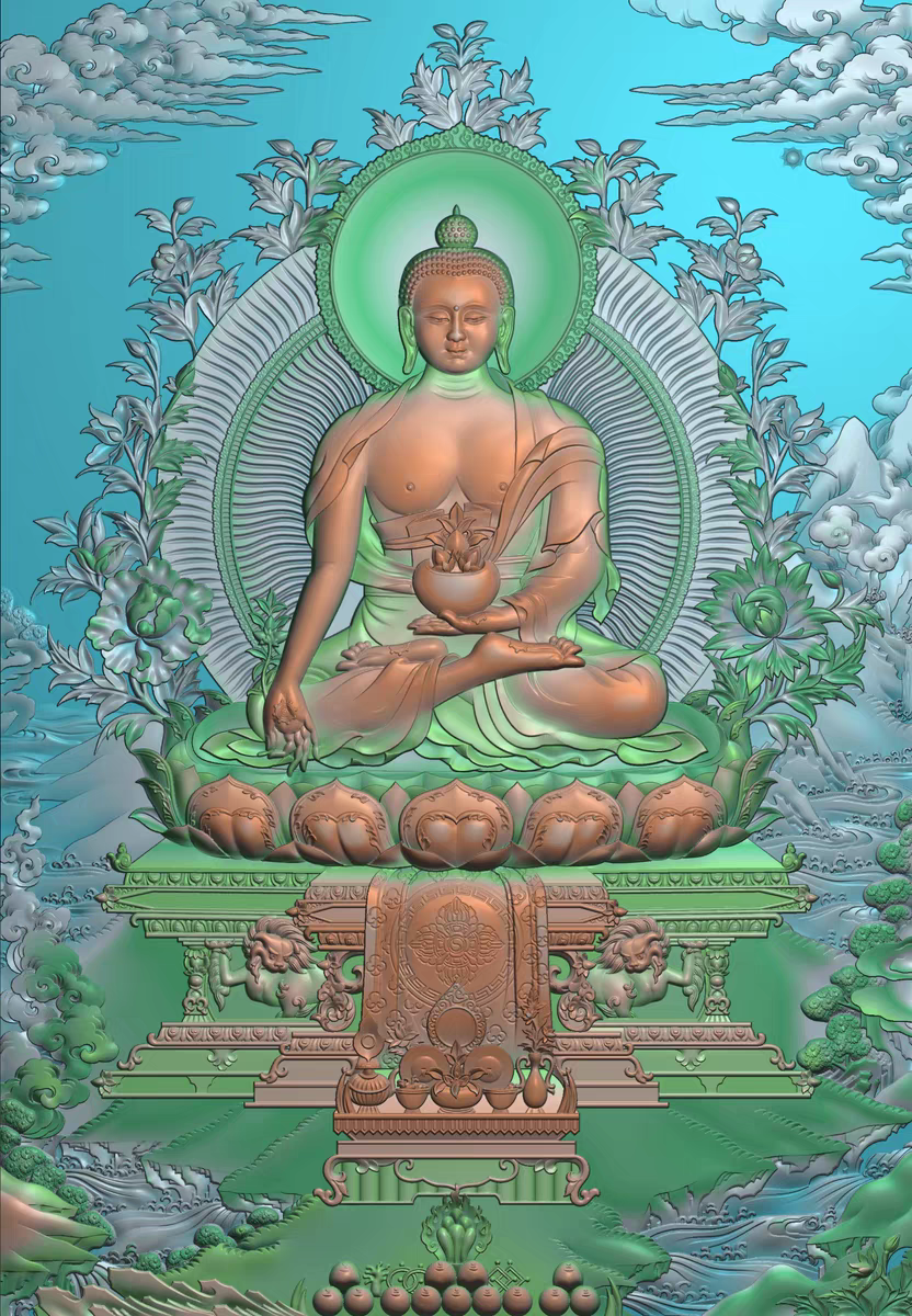 精雕图浮雕人物藏式佛像 药师佛 唐卡灰度图东阳木雕工艺品手工