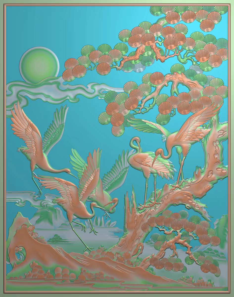 精雕图浮雕松树 松鹤仙鹤落地屏风花板 灰度图东阳木雕工艺品