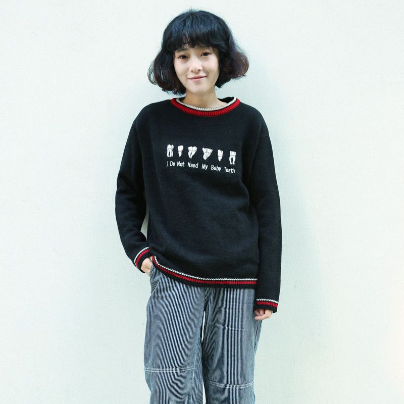 octopusme章鱼家原创经典黑色上衣女百搭套头宽松牙齿刺绣毛衣|ruв категории Женская одежда, свитер - от Buy2taobao.com для оказания профессиональной услуги покупки агента Taobao