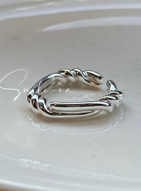 韩国进口小众款S925纯银麻花结双层时尚百搭戒指指环女