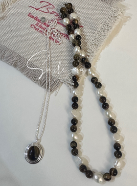 韩国进口小众款925纯银天然虎眼石吊坠不规则淡水珍珠项链锁骨链