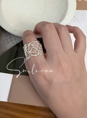 韩国进口S925纯银不规则线条宽面编织女时尚百搭指环食指戒