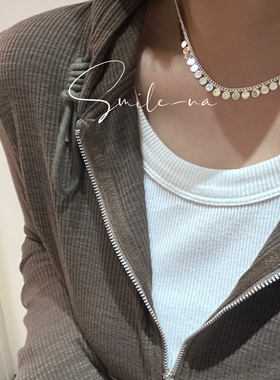 韩国进口小众设计S925纯银圆牌片拼接时尚项链百搭闪闪锁骨链颈链