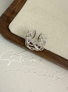 韩国进口小众S925纯银编织不规则镂空开口戒指指环 时尚百搭戒指