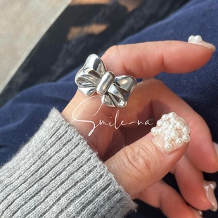 韩国进口小众设计夸张手工复古做旧戒指可爱蝴蝶结立体戒指指环