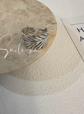 韩国进口925纯银做旧棕榈叶宽面叶子造型时尚百搭开口戒指指环