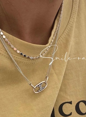 韩国进口韩国925纯银镂空椭圆形凯旋复古做旧吊坠双层链条项链