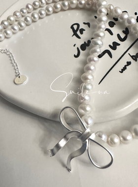 韩国进口925纯银质感哑光面立体蝴蝶结吊坠天然珍珠项链锁骨链女