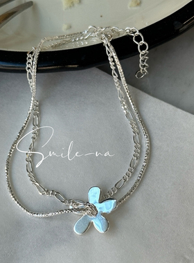 韩国进口设计师925纯银花朵造型可爱百搭双层不规则拼接手链手环