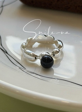 韩国进口S925纯银小众设计款简约百搭黑玛瑙银豆豆戒指女指环