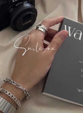 韩国进口小众设计款925纯银肌理面凹凸面时尚宽面套圈戒指指环