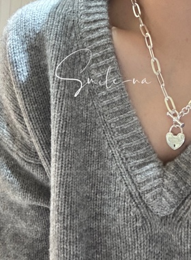 韩国进口925纯银ot扣爱心吊坠别针拼接重工链条时尚项链锁骨链