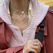 韩国进口小众设计925纯银双层哑光坦克链条两带OT扣锁骨链毛衣链