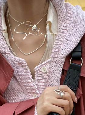 韩国进口小众设计925纯银双层哑光坦克链条两带OT扣锁骨链毛衣链