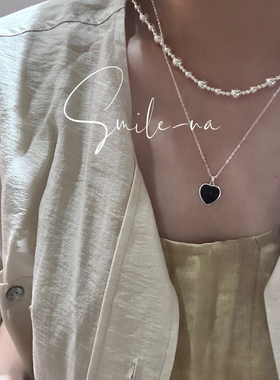 韩国进口S925纯银天然镶嵌黑玛瑙桃心爱心立体造型吊坠项链锁骨链