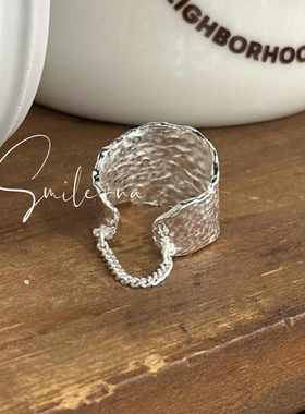 韩国进口小众设计款925纯银宽面锡纸纹理不规则链条时尚食指戒指