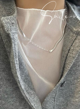 韩国进口小众设计925纯银不规则波浪造型线条拼接链条项链锁骨链