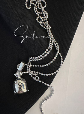 韩国进口925纯银时尚百搭钱袋吊坠长款项链毛衣链